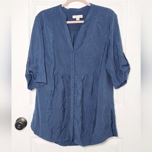 Coldwater Creek Navy Pintuck Button Front Tunic Blouse Women's Large 14/16